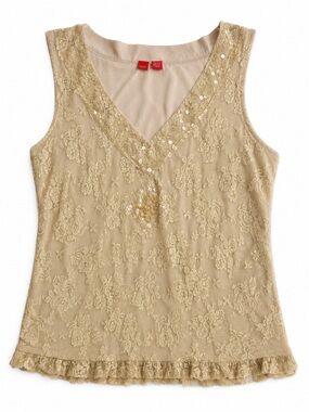 Vintage Esprit Beige Lace Sequin Sleeveless Tank Top Boho Y2K Romantic Size XL